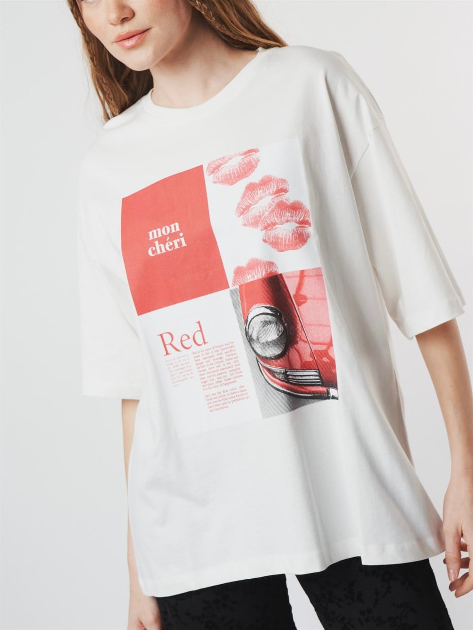 Baskılı Kısa Kol Oversize T-shirt Ekru