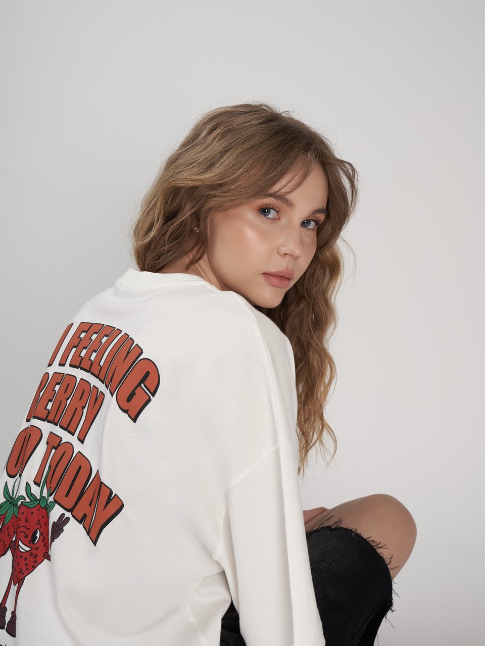 Baskılı Kısa Kol Oversize T-shirt Ekru