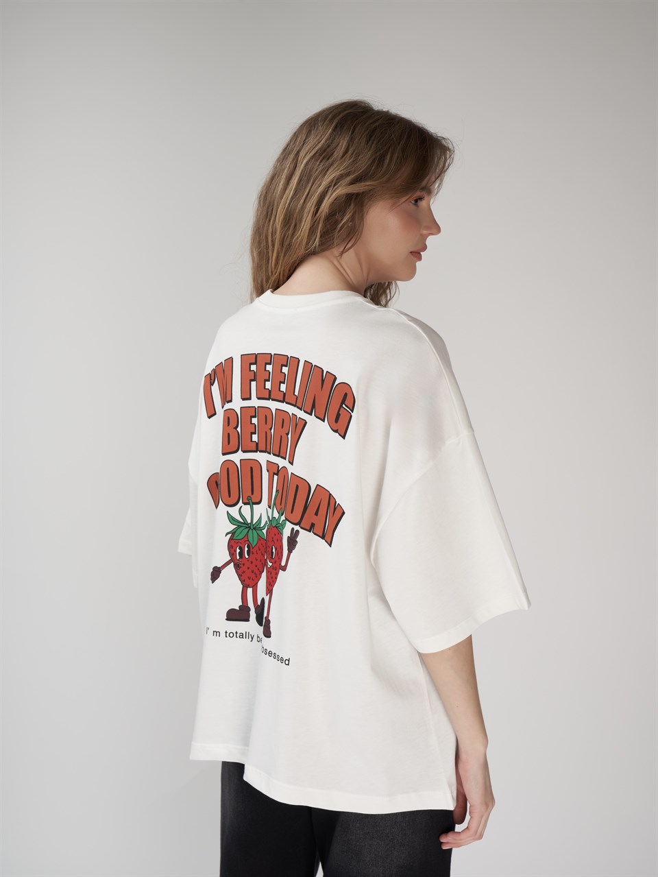 Baskılı Kısa Kol Oversize T-shirt Ekru