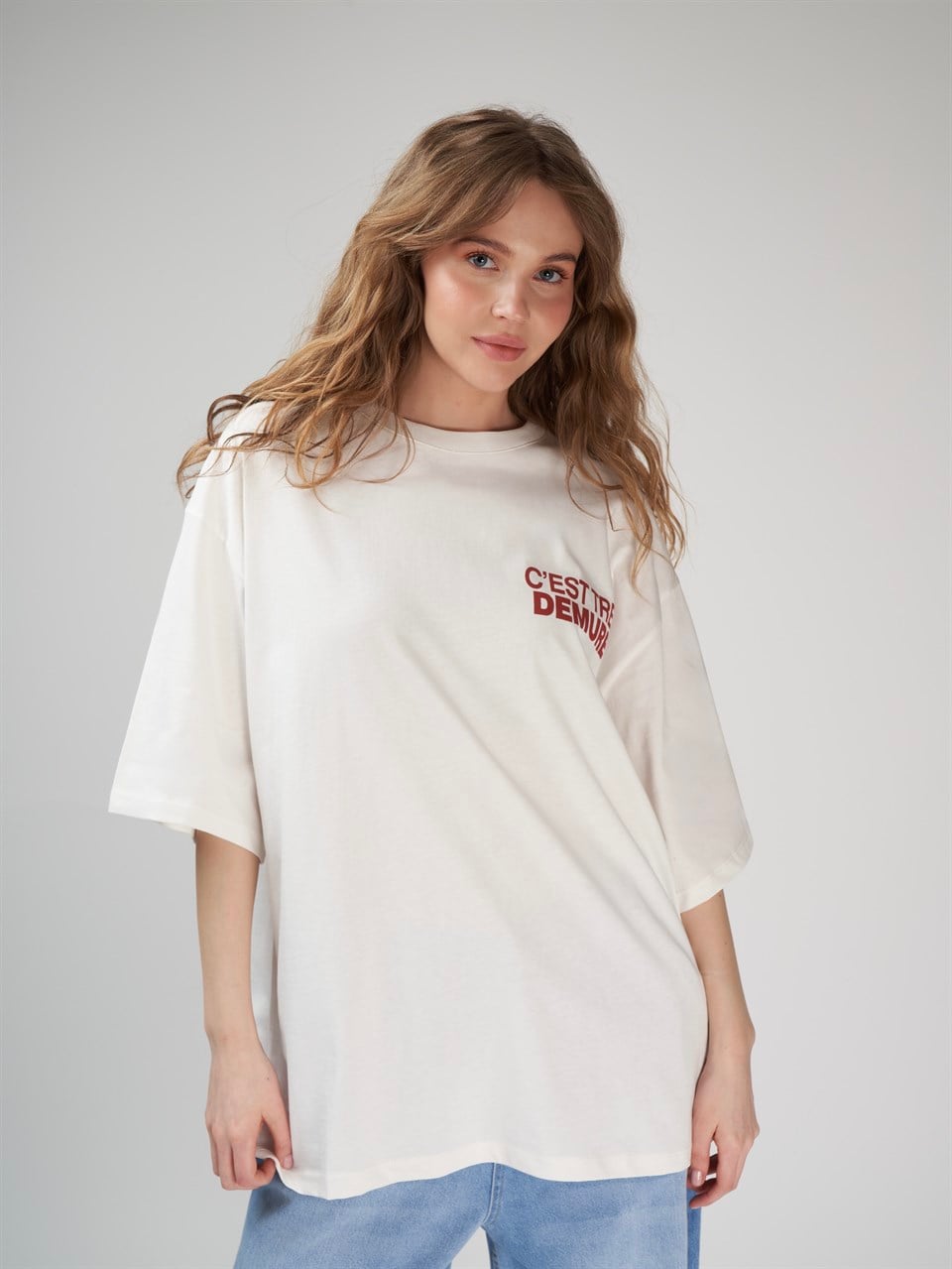 Baskılı Kısa Kol Oversize T-shirt Ekru