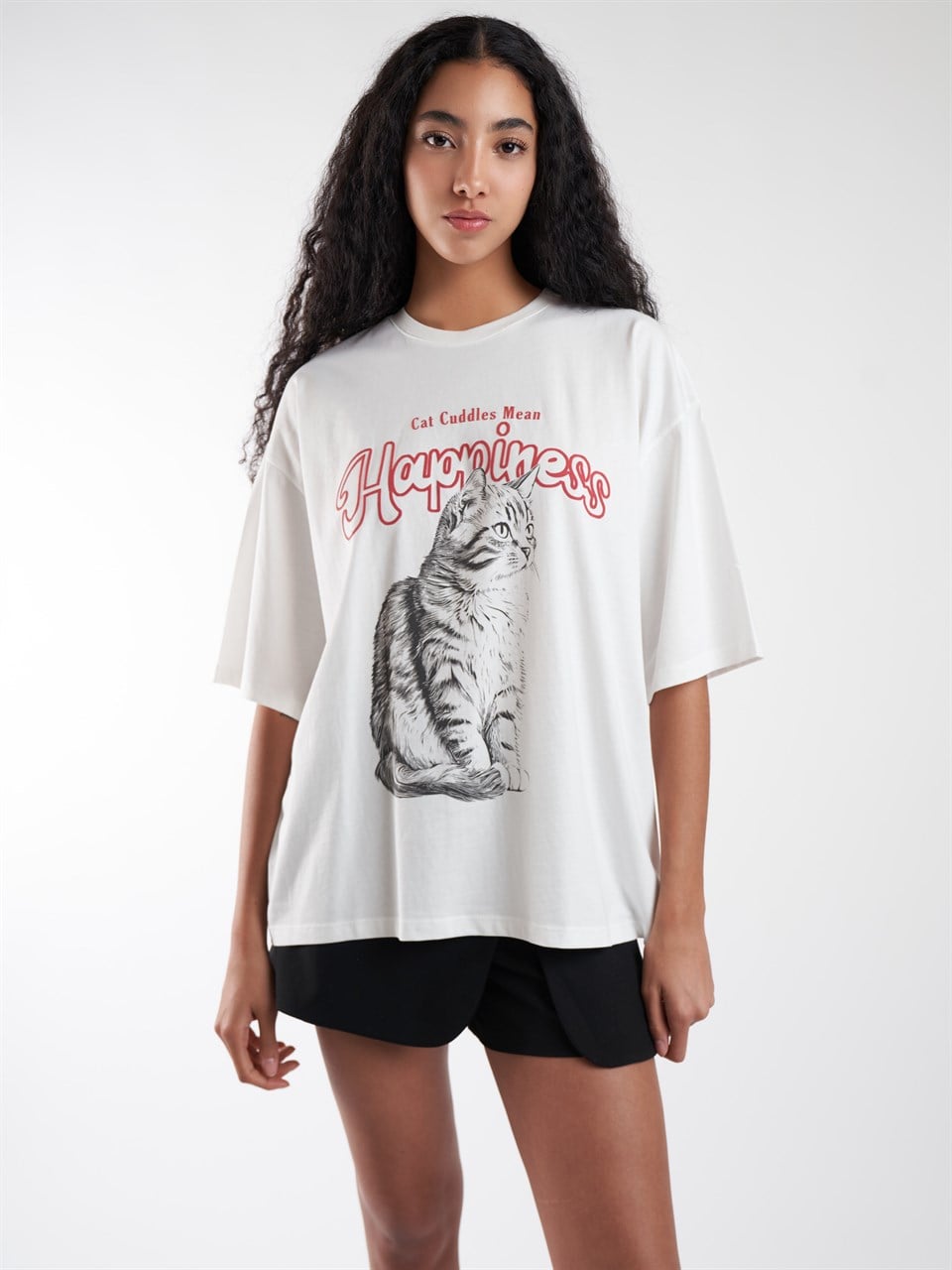 Baskılı Kısa Kol Oversize T-shirt Ekru