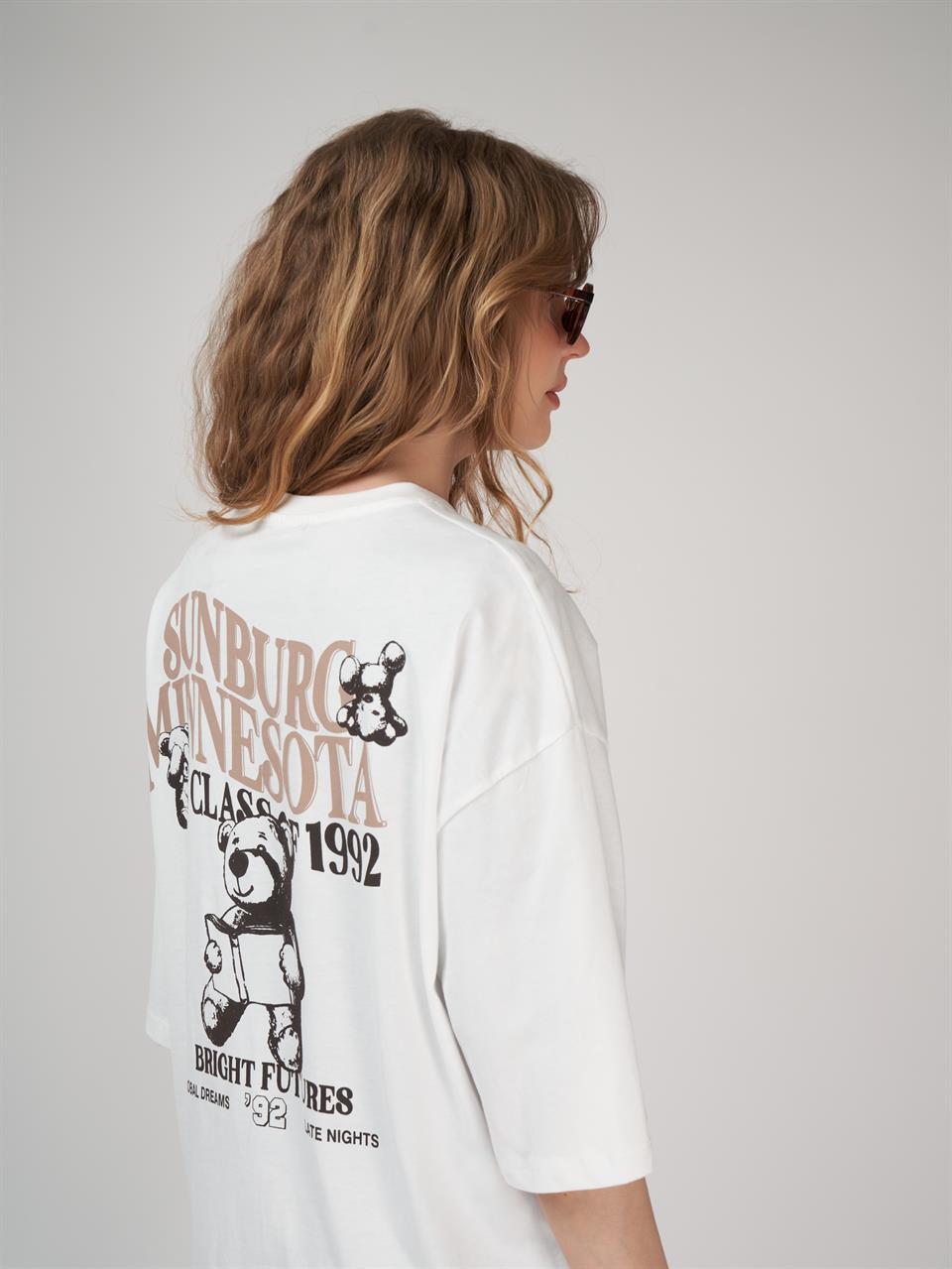 Baskılı Kısa Kol Oversize T-shirt Ekru