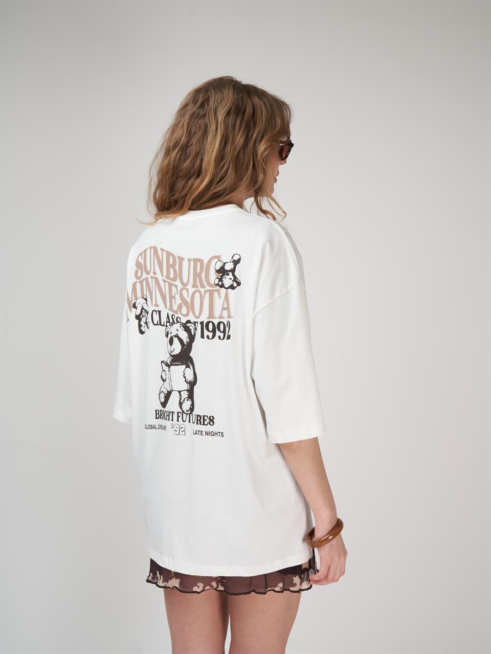 Baskılı Kısa Kol Oversize T-shirt Ekru