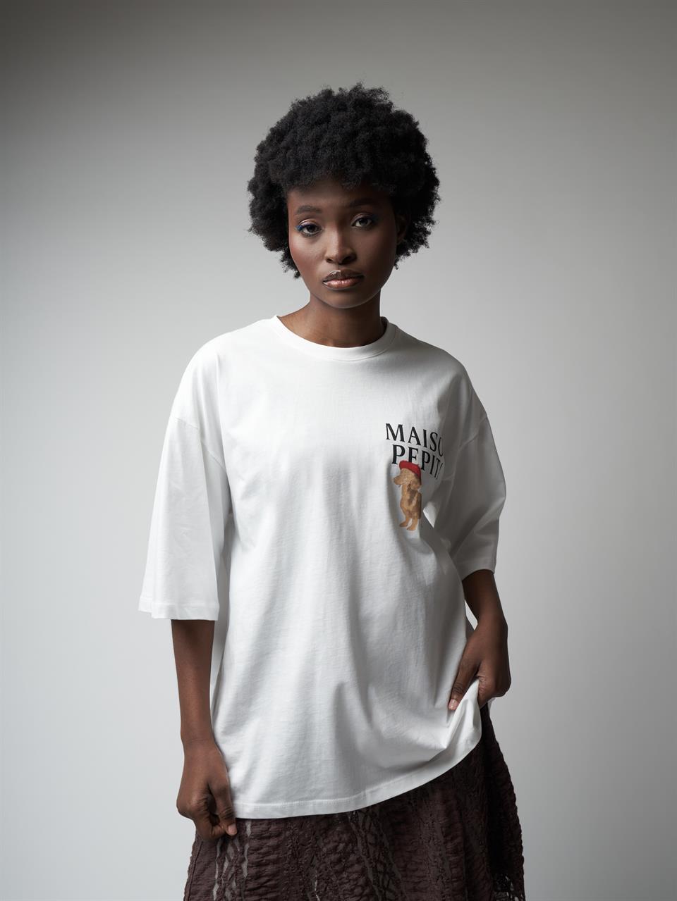 Baskılı Kısa Kol Oversize T-shirt Ekru