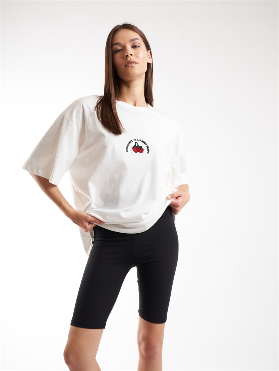 Baskılı Kısa Kol Oversize T-shirt Ekru