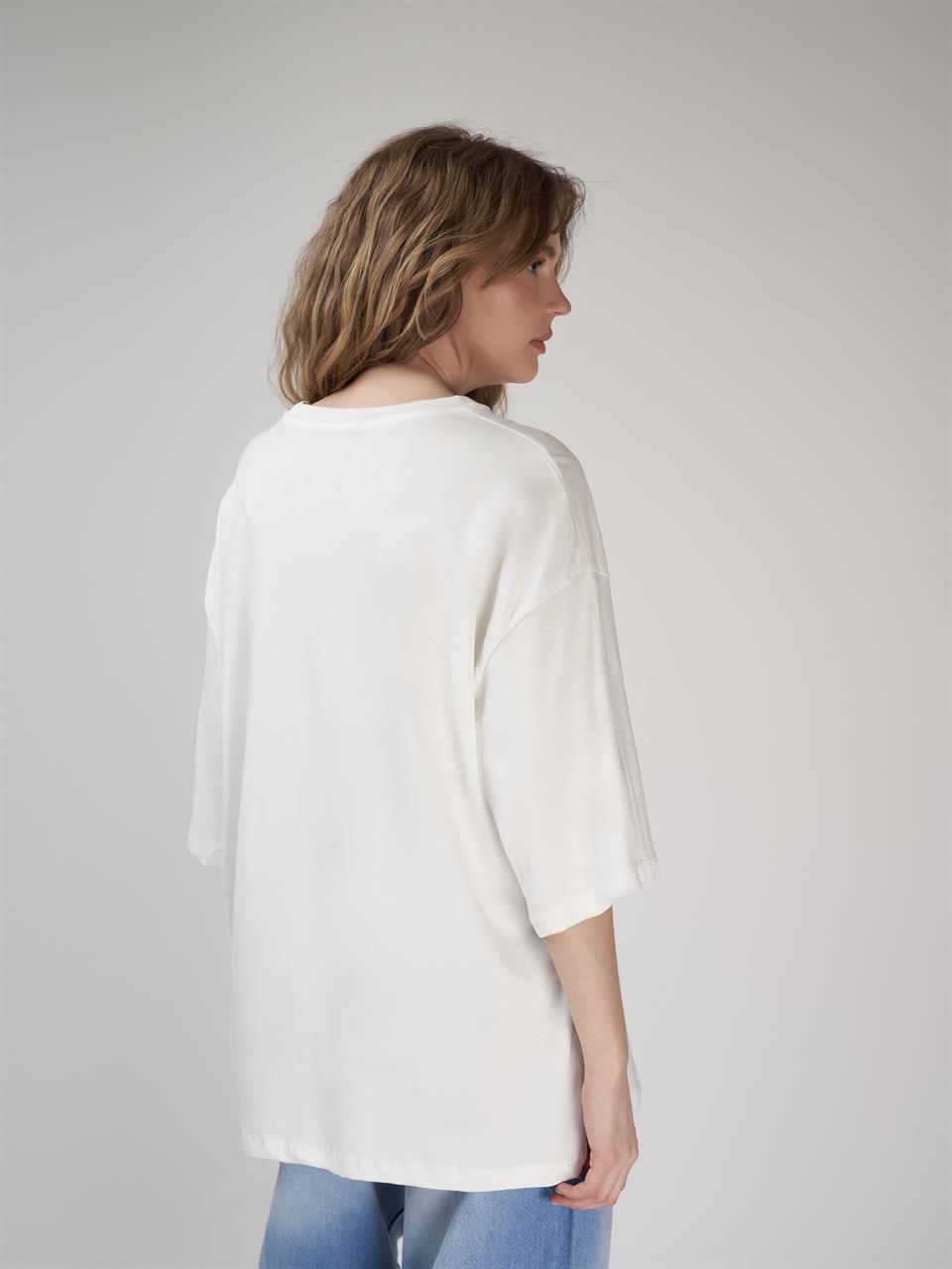 Baskılı Kısa Kol Oversize T-shirt Ekru
