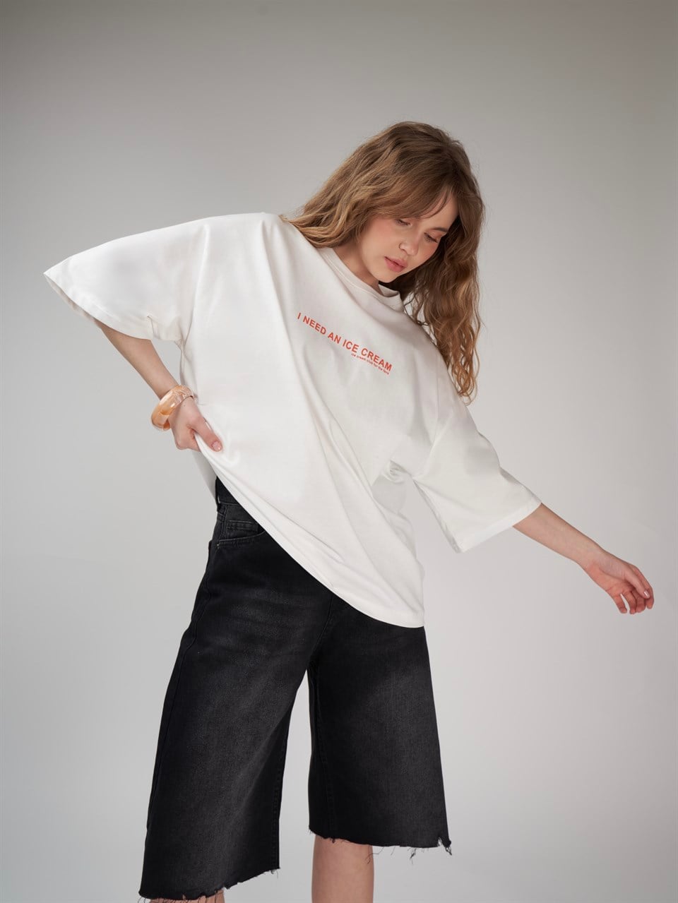 Baskılı Kısa Kol Oversize T-shirt Ekru