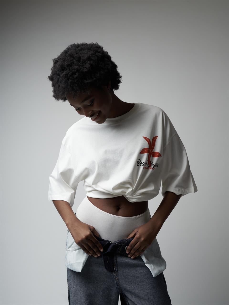 Baskılı Kısa Kol Oversize T-shirt Ekru