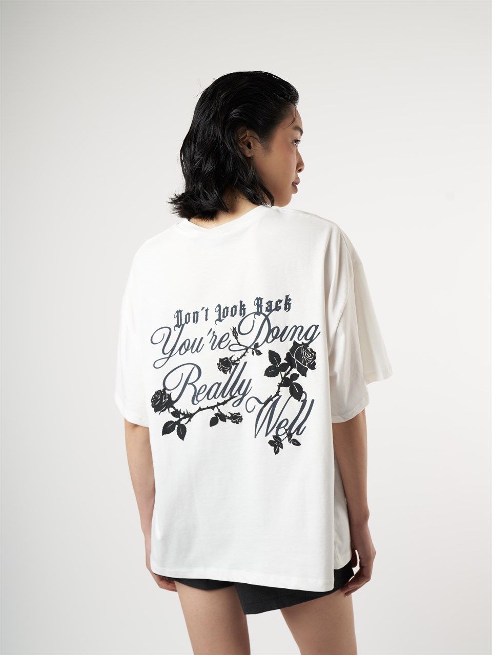 Baskılı Kısa Kol Oversize T-shirt Ekru