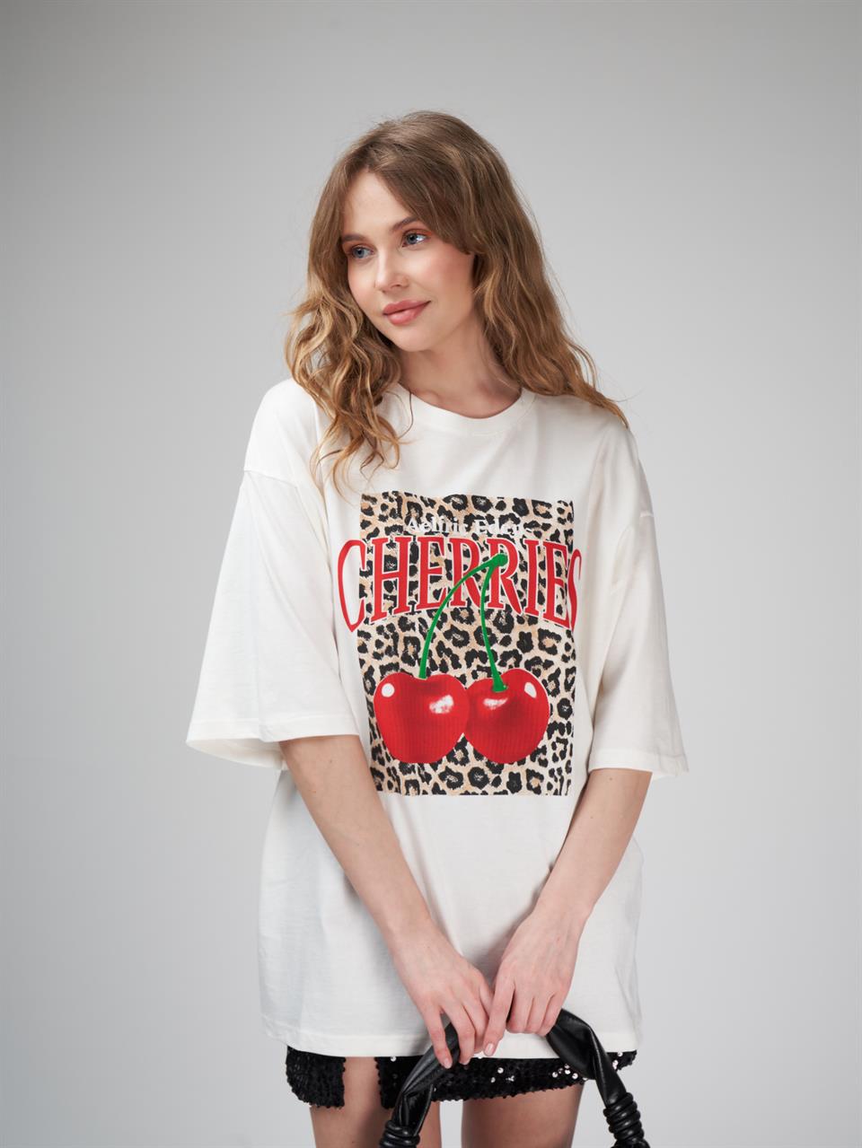 Baskılı Kısa Kol Oversize T-shirt Ekru