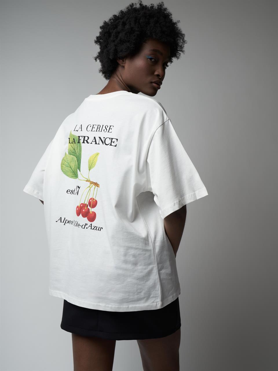 Baskılı Kısa Kol Oversize T-shirt Ekru