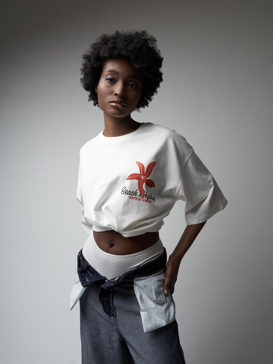 Baskılı Kısa Kol Oversize T-shirt Ekru