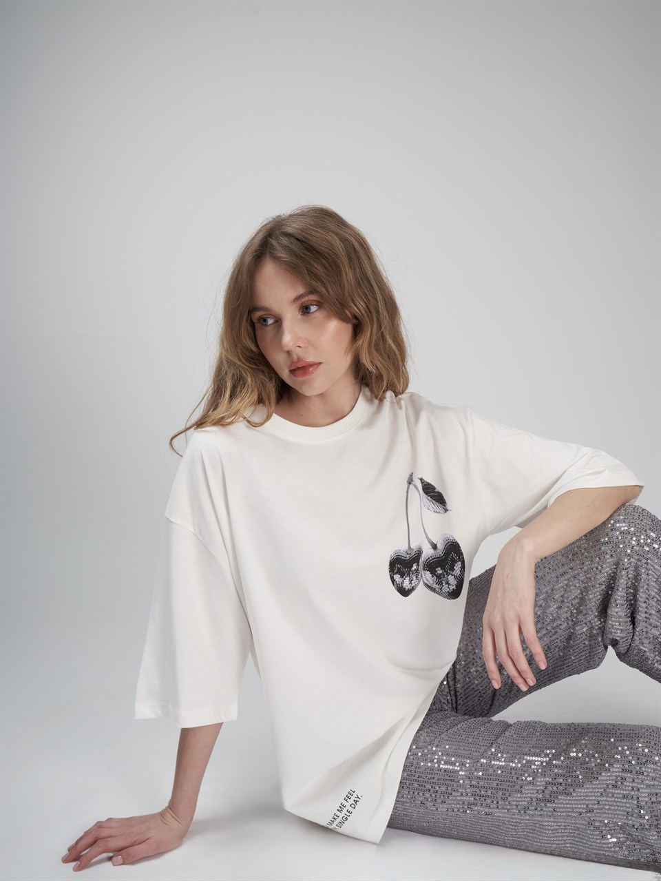 Baskılı Kısa Kol Oversize T-shirt Ekru