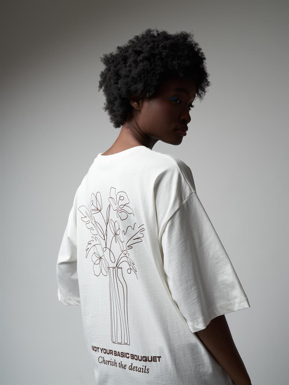 Baskılı Kısa Kol Oversize T-shirt Ekru