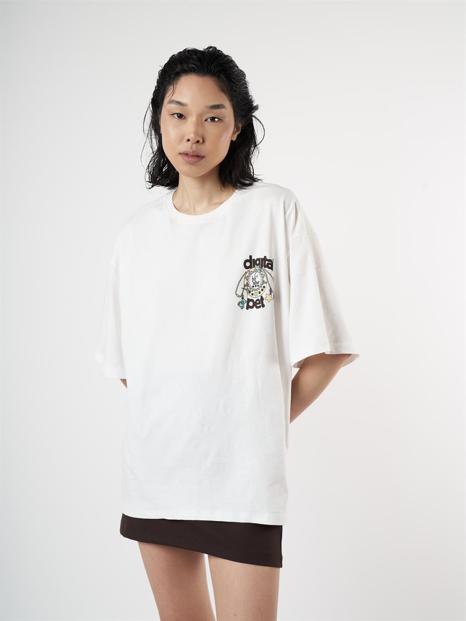 Baskılı Kısa Kol Oversize T-shirt Ekru