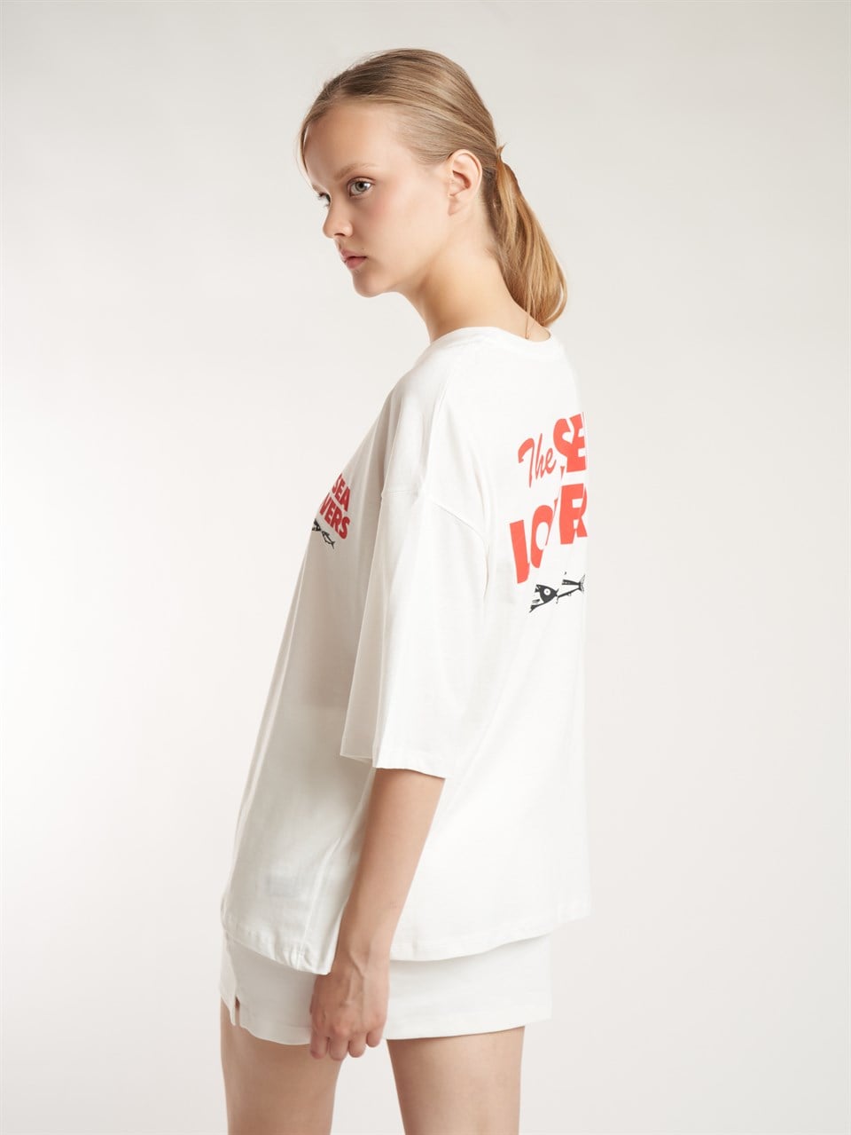 Baskılı Kısa Kol Oversize T-shirt Ekru