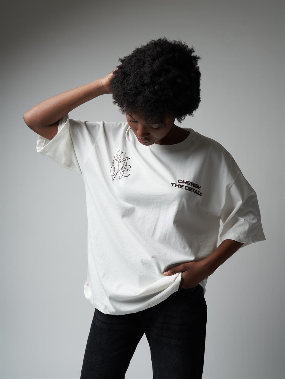 Baskılı Kısa Kol Oversize T-shirt Ekru