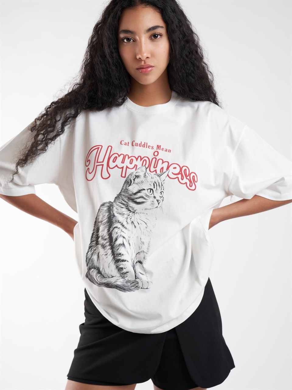Baskılı Kısa Kol Oversize T-shirt Ekru