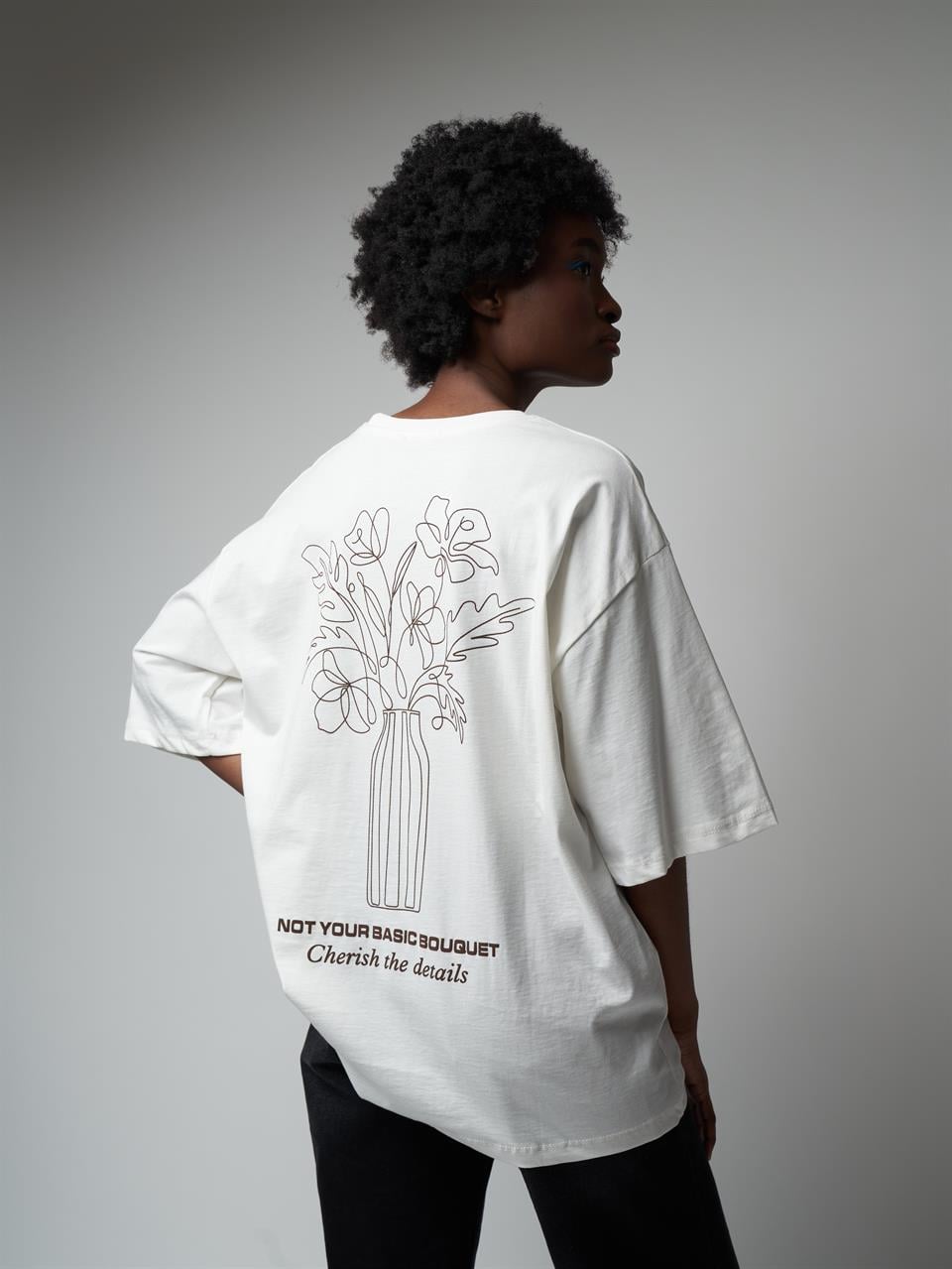 Baskılı Kısa Kol Oversize T-shirt Ekru