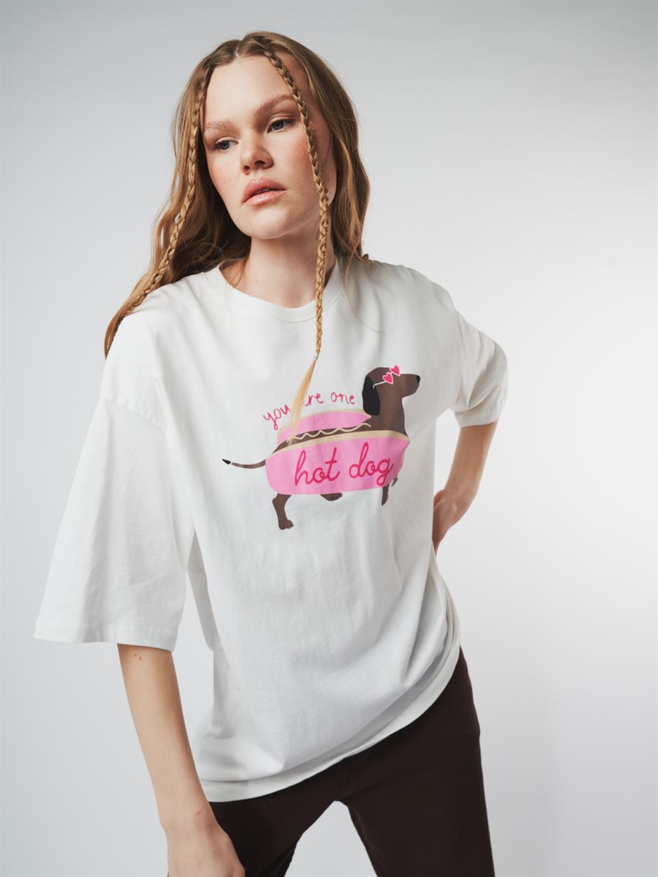 Baskılı Kısa Kol Oversize T-shirt Ekru