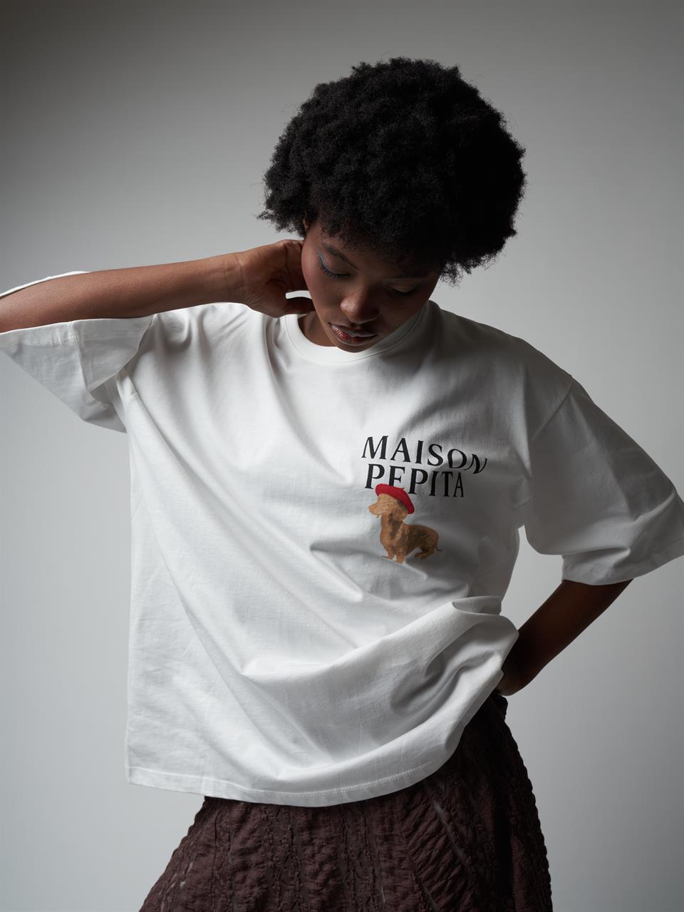 Baskılı Kısa Kol Oversize T-shirt Ekru