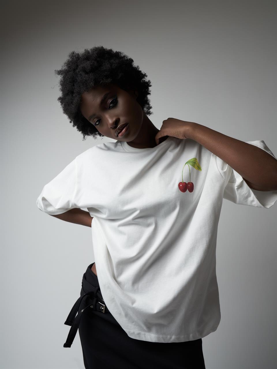 Baskılı Kısa Kol Oversize T-shirt Ekru