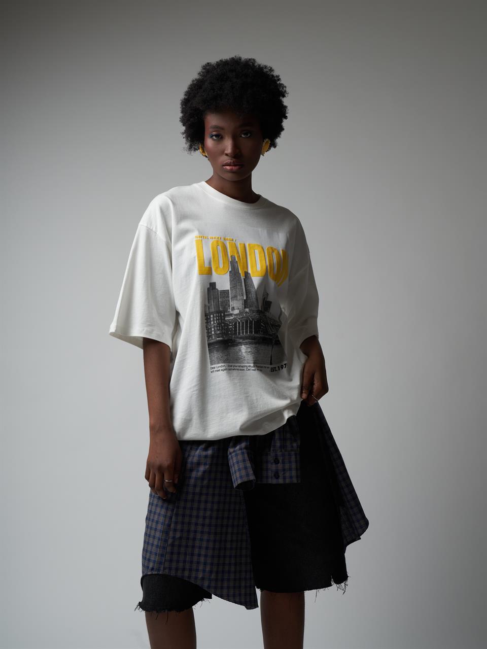 Baskılı Kısa Kol Oversize T-shirt Ekru