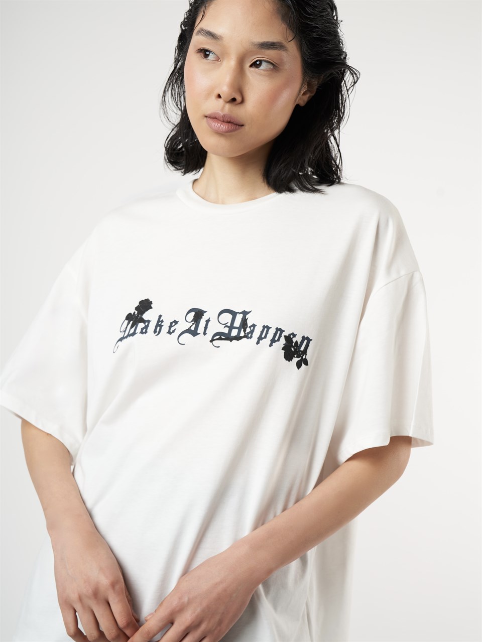 Baskılı Kısa Kol Oversize T-shirt Ekru