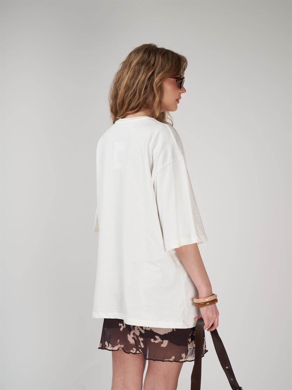 Baskılı Kısa Kol Oversize T-shirt Ekru