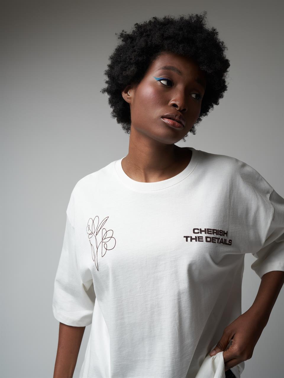 Baskılı Kısa Kol Oversize T-shirt Ekru
