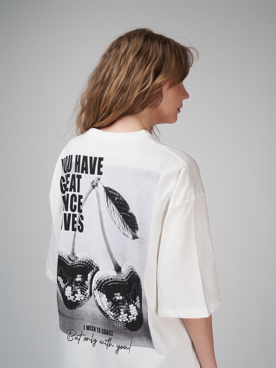 Baskılı Kısa Kol Oversize T-shirt Ekru