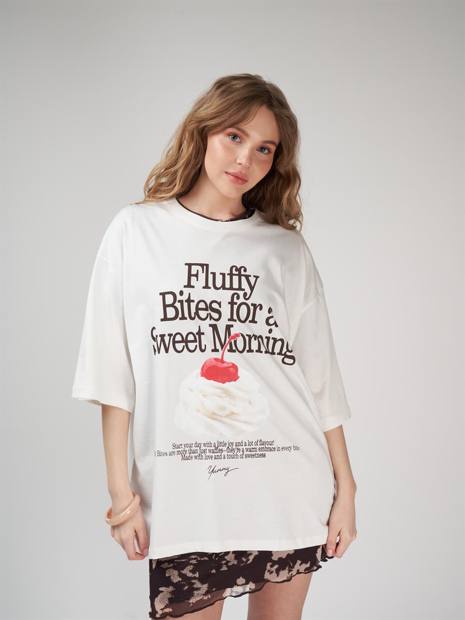 Baskılı Kısa Kol Oversize T-shirt Ekru