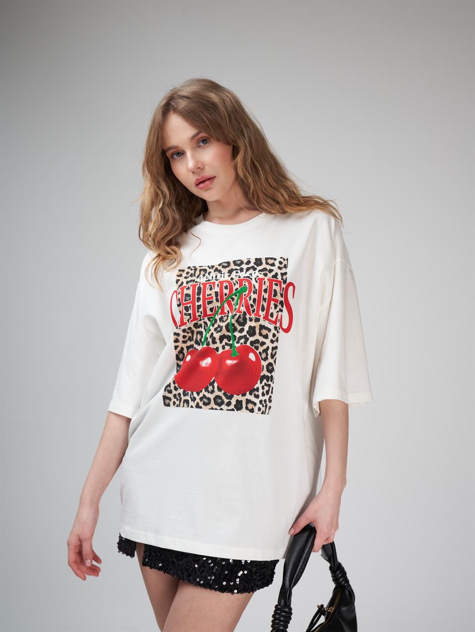 Baskılı Kısa Kol Oversize T-shirt Ekru