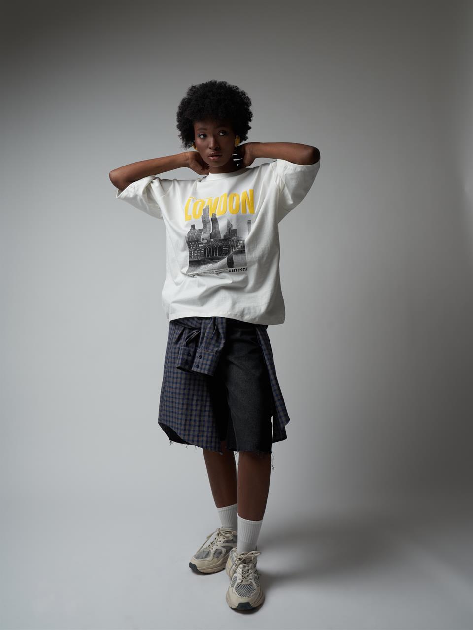 Baskılı Kısa Kol Oversize T-shirt Ekru