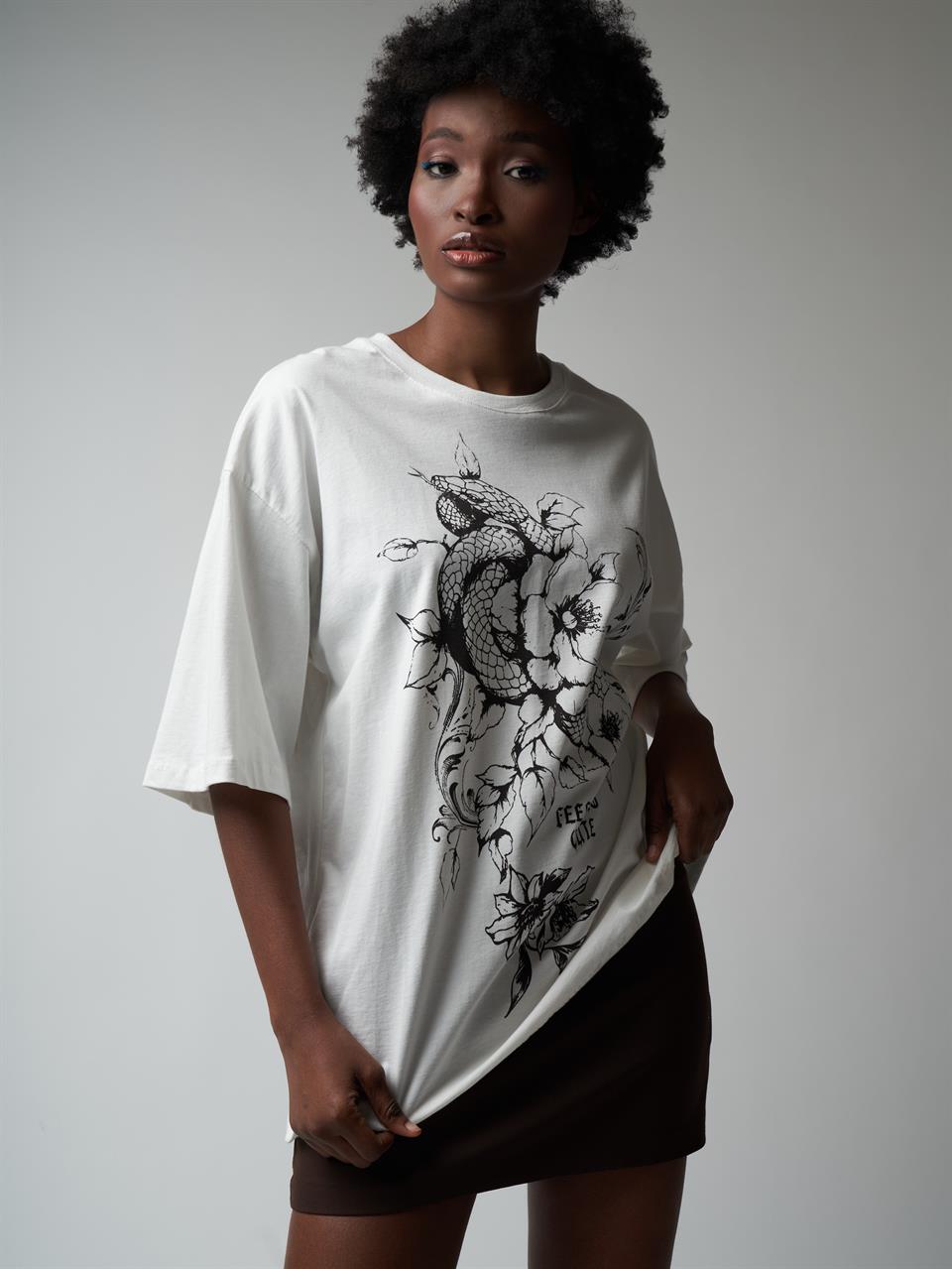 Baskılı Kısa Kol Oversize T-shirt Ekru