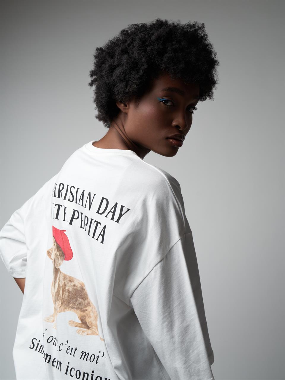 Baskılı Kısa Kol Oversize T-shirt Ekru