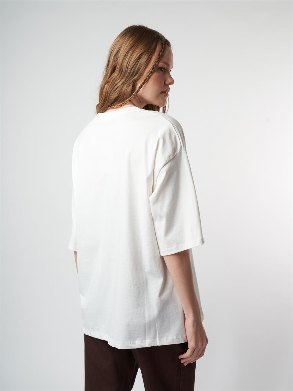 Baskılı Kısa Kol Oversize T-shirt Ekru