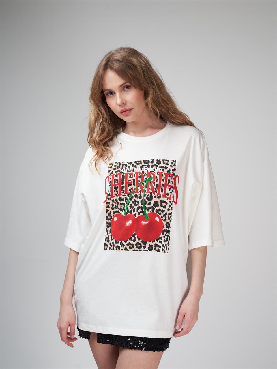 Baskılı Kısa Kol Oversize T-shirt Ekru