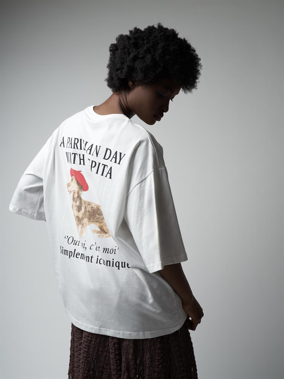Baskılı Kısa Kol Oversize T-shirt Ekru