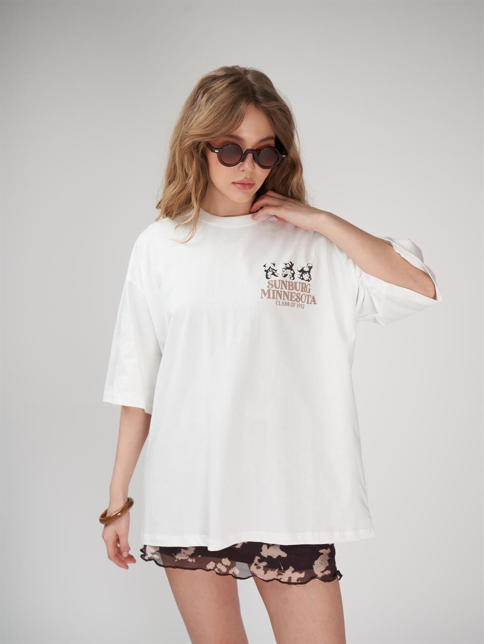 Baskılı Kısa Kol Oversize T-shirt Ekru