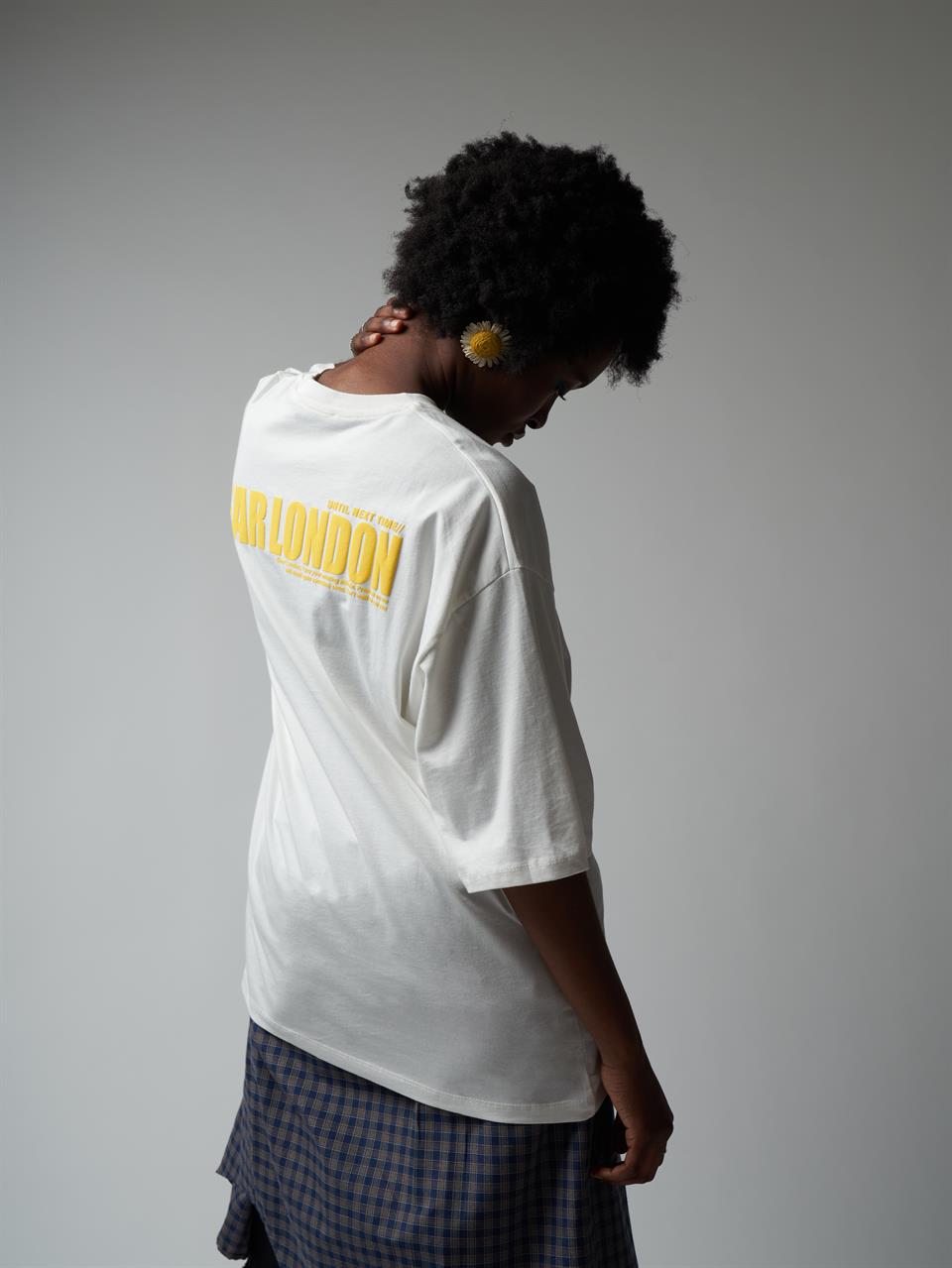 Baskılı Kısa Kol Oversize T-shirt Ekru