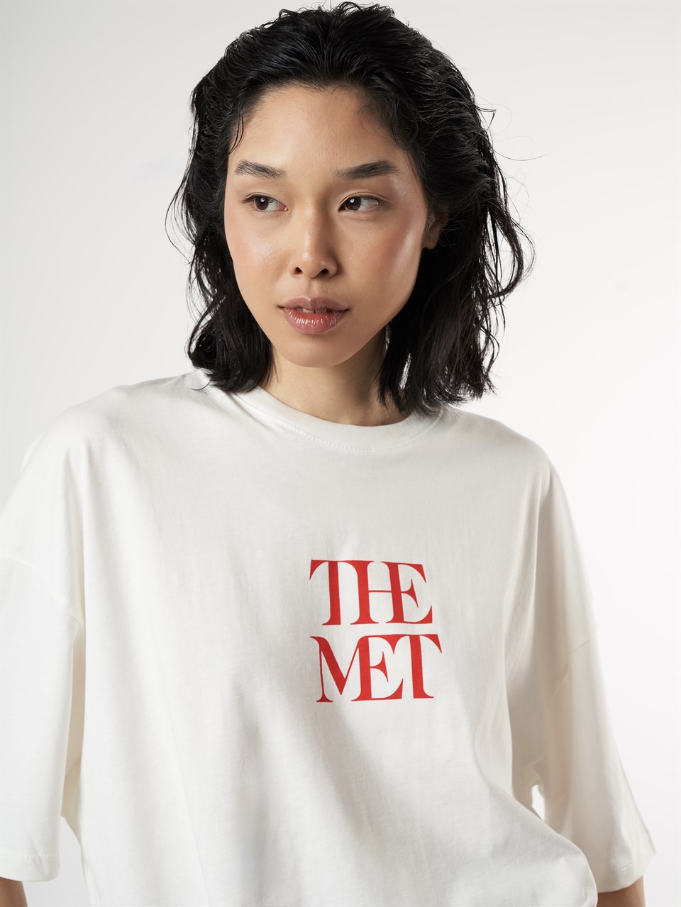 Baskılı Kısa Kol Oversize T-shirt Ekru