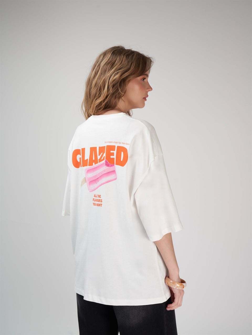Baskılı Kısa Kol Oversize T-shirt Ekru