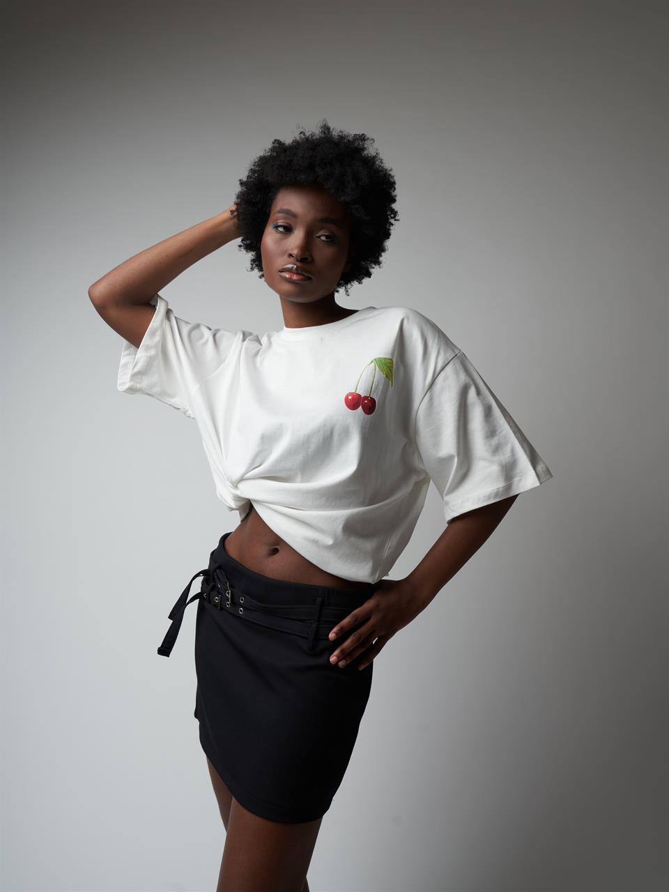 Baskılı Kısa Kol Oversize T-shirt Ekru