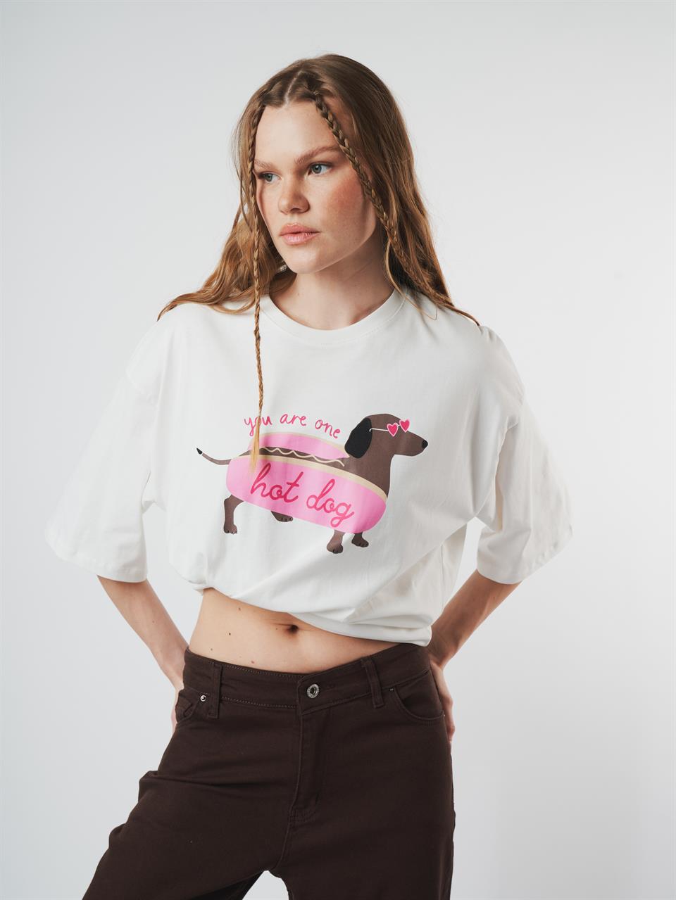 Baskılı Kısa Kol Oversize T-shirt Ekru