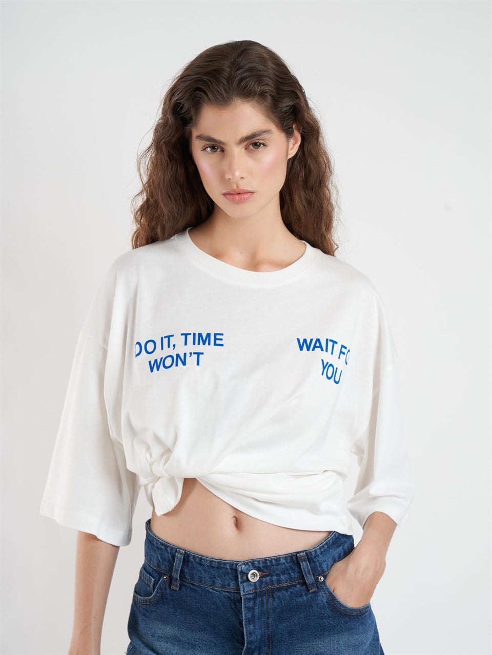 Baskılı Kısa Kol Oversize T-shirt Ekru