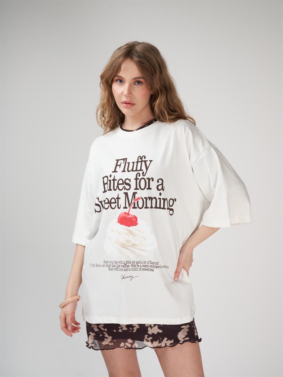 Baskılı Kısa Kol Oversize T-shirt Ekru