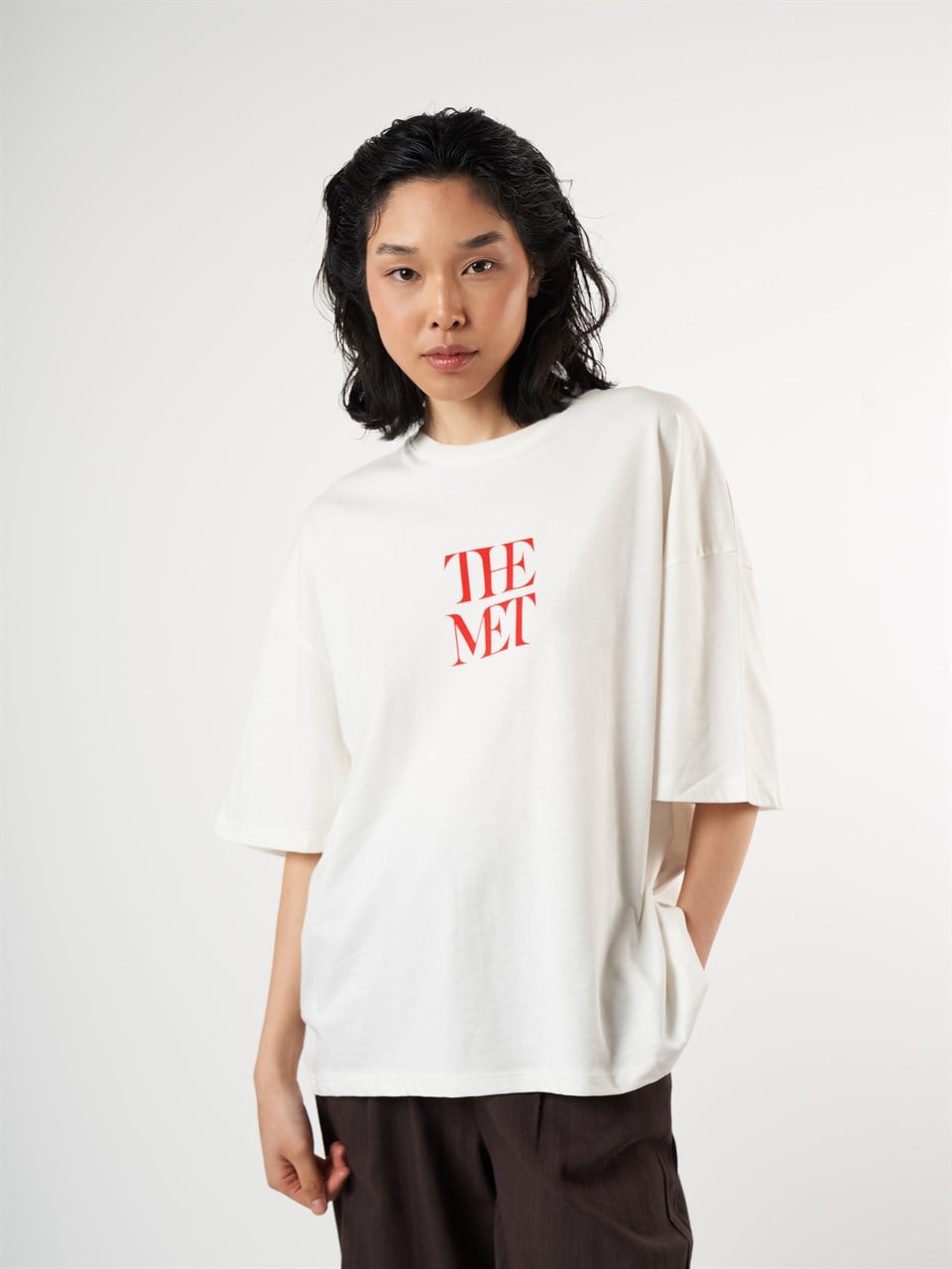 Baskılı Kısa Kol Oversize T-shirt Ekru