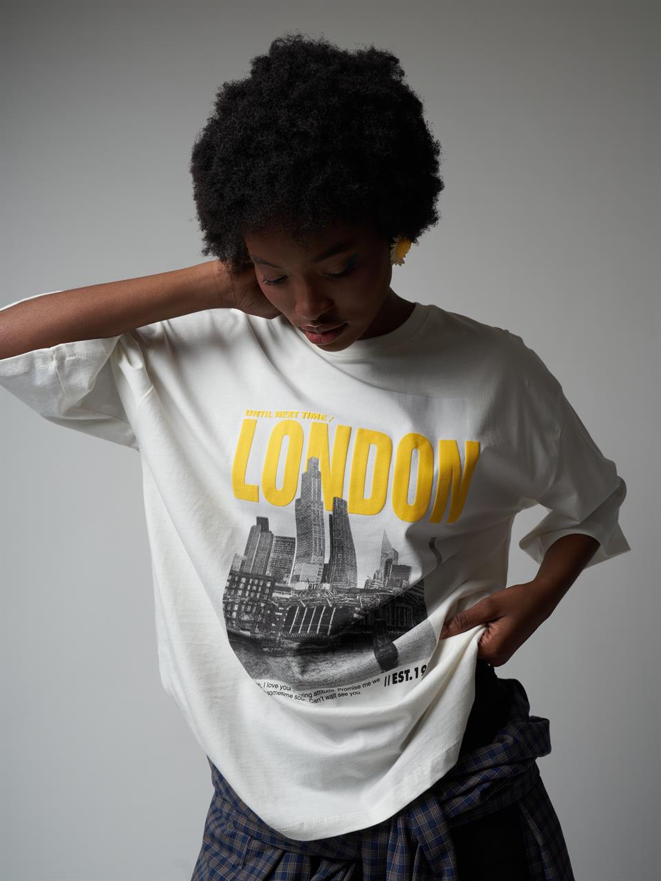 Baskılı Kısa Kol Oversize T-shirt Ekru