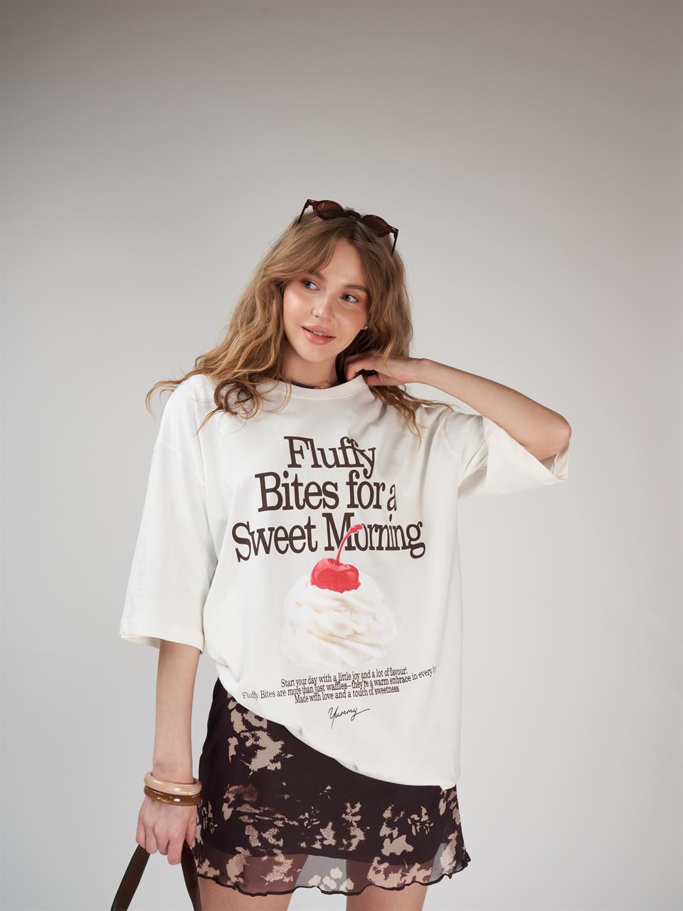 Baskılı Kısa Kol Oversize T-shirt Ekru